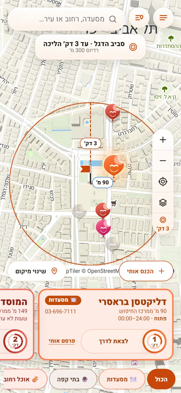 מפת FOOD15 עם טבעת של שלוש דקות הליכה, מקומות סגורים באפור וכרטיס מקום פתוח