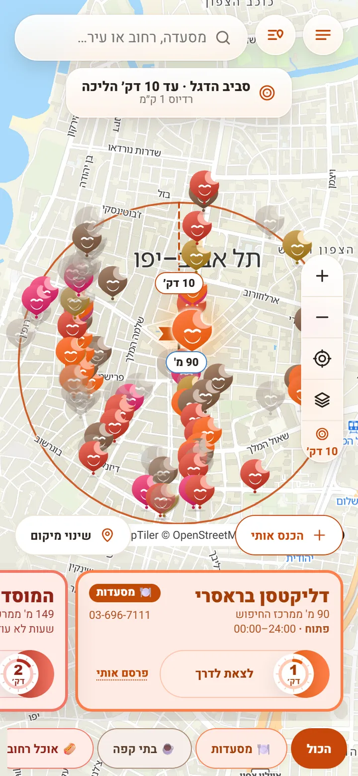 מפת FOOD15 במרכז תל אביב עם עשרות מקומות אוכל בטווח עשר דקות הליכה