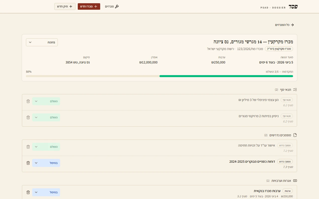 מסך ניהול מכרז: פרטי המכרז, התקדמות, תנאי סף, מסמכים נדרשים וערבויות