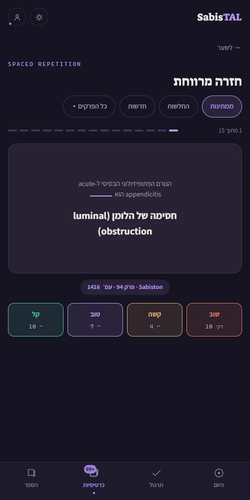 כרטיסייה ב־SabisTAL עם המקור בספר וארבע דרגות: שוב, קשה, טוב, קל, וכמה ימים עד שהיא חוזרת