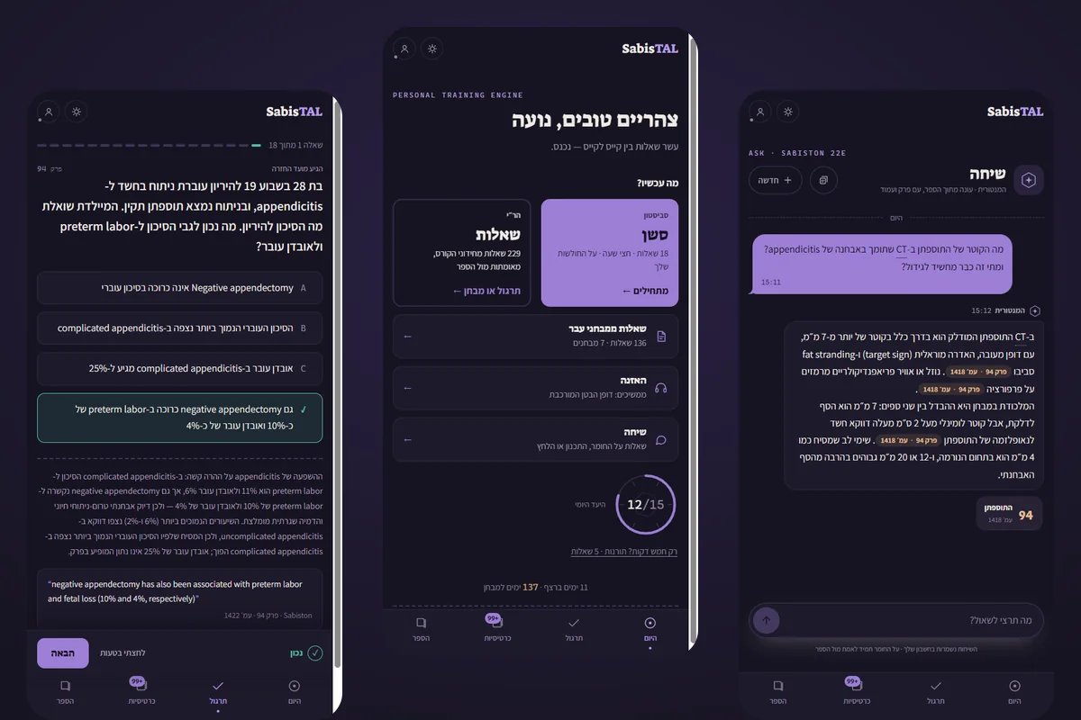 שלושה מסכים מתוך SabisTAL: שאלת תרגול עם ציטוט ועמוד מהספר, המסך הראשי עם היעד היומי, וצ'אט המנטורית
